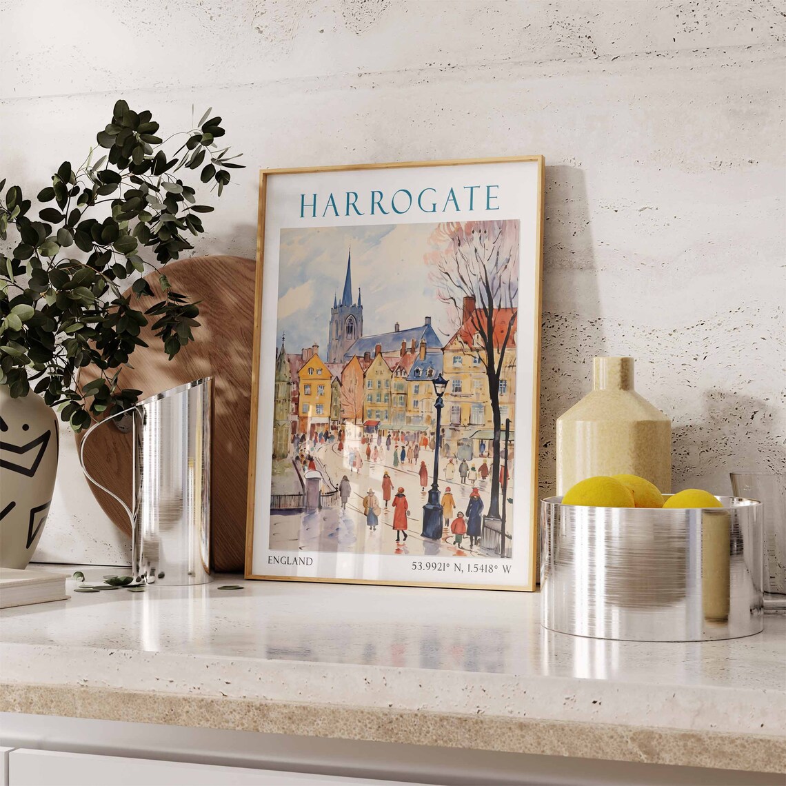 Harrogate England Travel Poster Watercolor Town Square Scene - Image 2