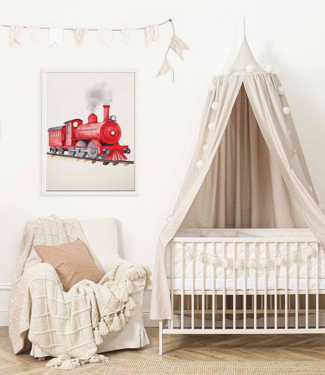 Cheerful Red Steam Locomotive Watercolor Poster for Kids Room - Image 2