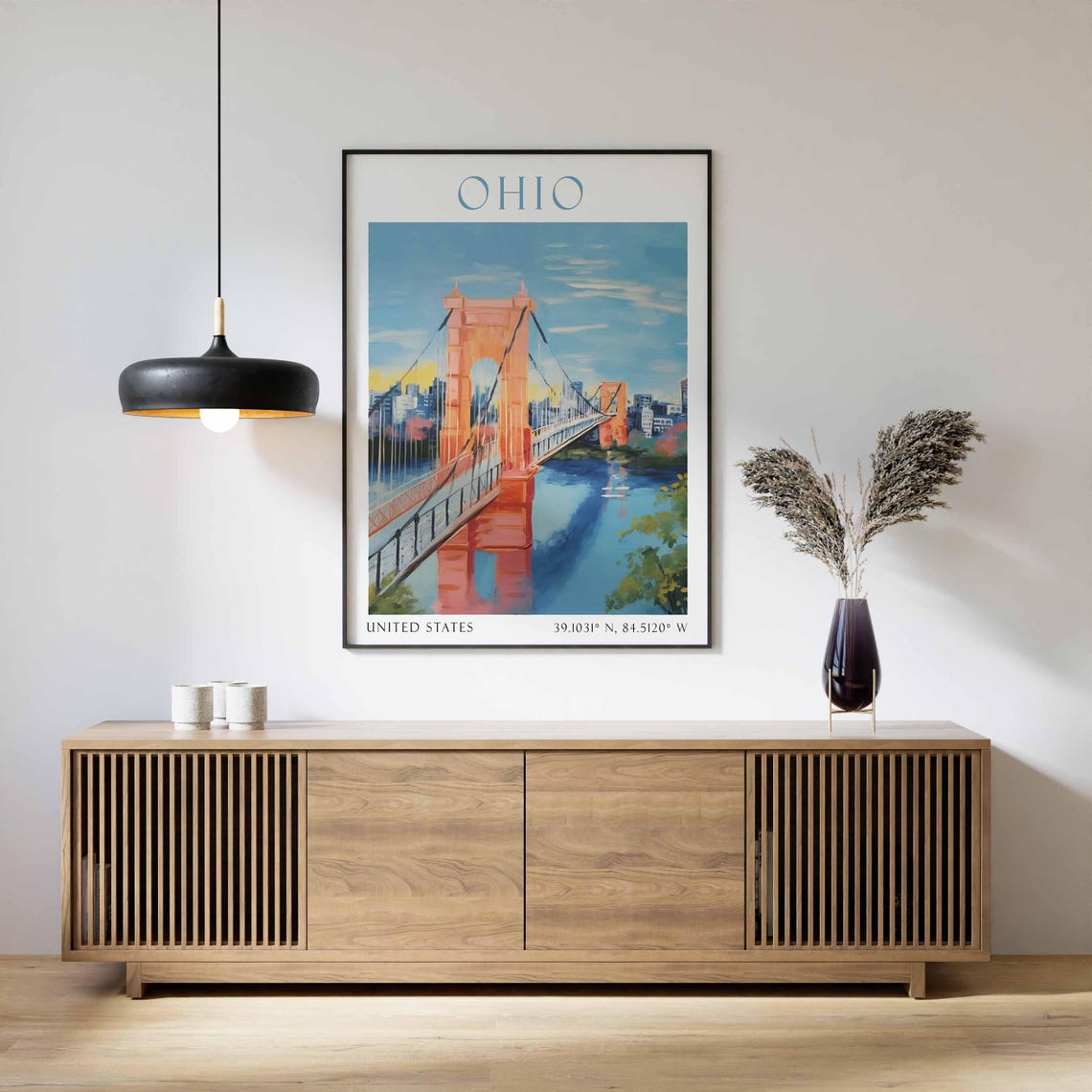 Ohio Roebling Bridge Cincinnati Skyline Watercolor Travel Poster - Image 2