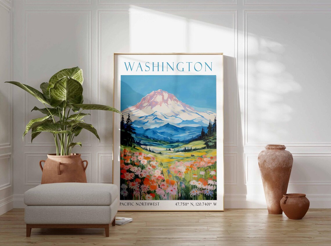 Washington Mount Rainier Wildflower Meadow Watercolor Travel Poster - Image 3