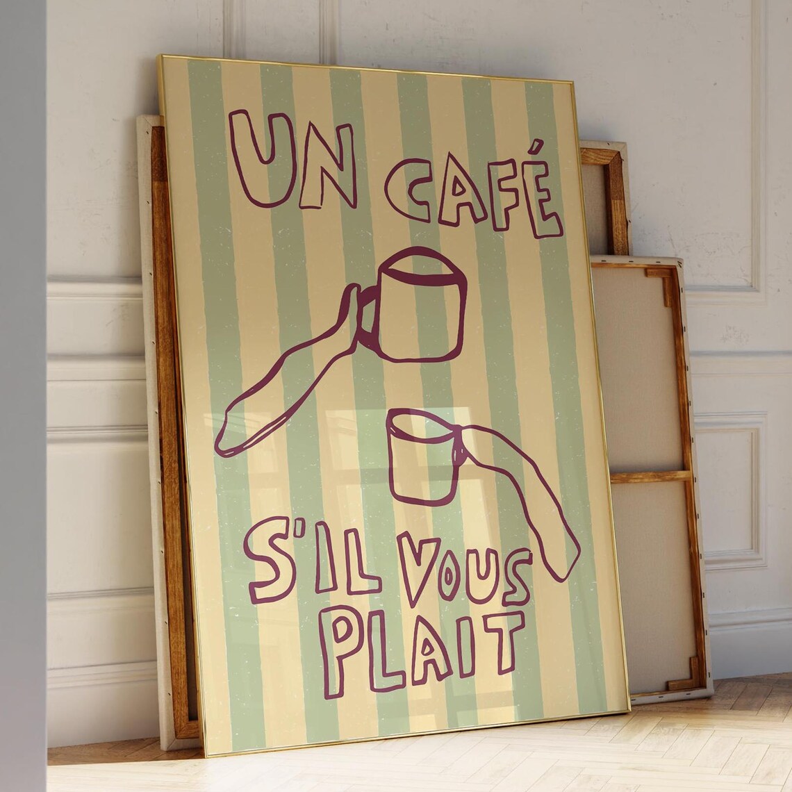 Un Cafe Sil Vous Plait French Coffee Retro Striped Kitchen Decor Poster