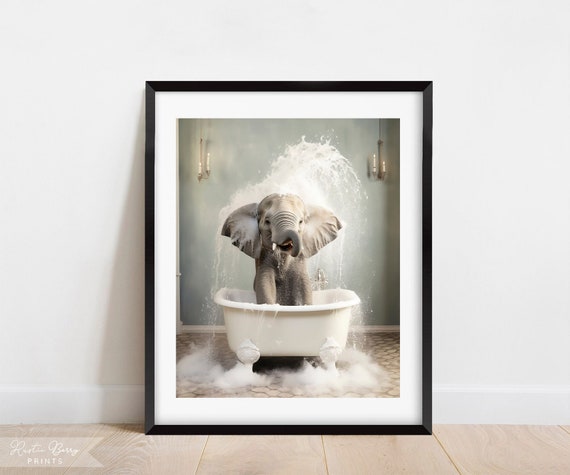 Splashing Elephant Bubble Bath Wall Art Clawfoot Tub Home Decor Bathroom Decor Cute Instant