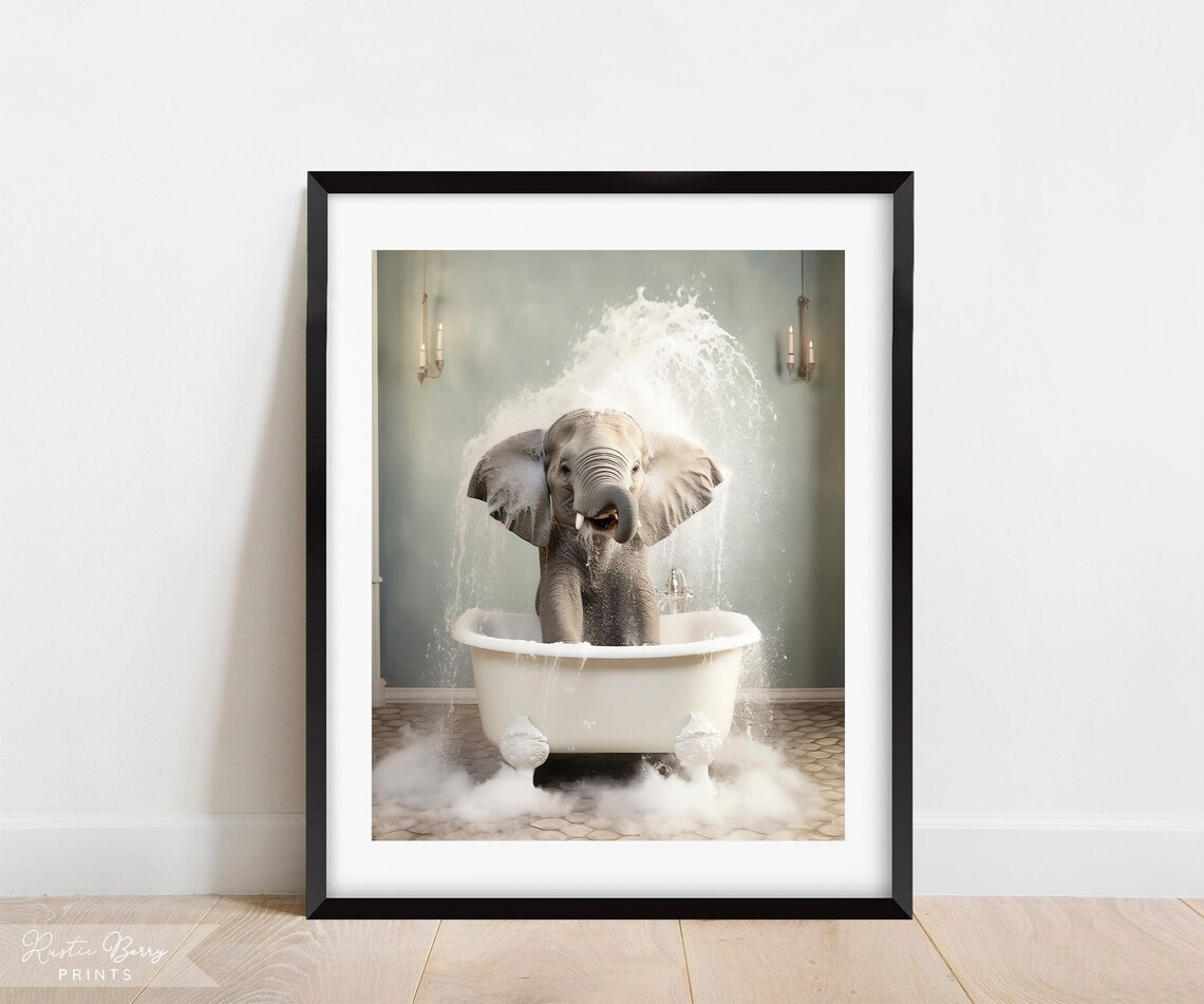 Baby Elephant Splashing Water In Bubble Bath Tub Joyful Bathroom Wall Art Poster
