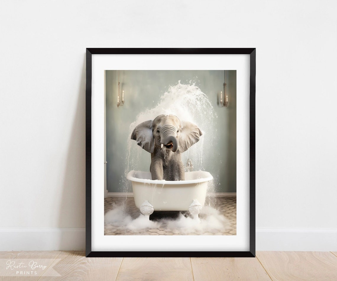 Splashing Elephant Bubble Bath Wall Art Clawfoot Tub Home Decor Bathroom Decor Cute Instant