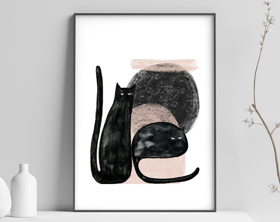 Two Black Cats Minimalist Ink Illustration Blush Pink Poster