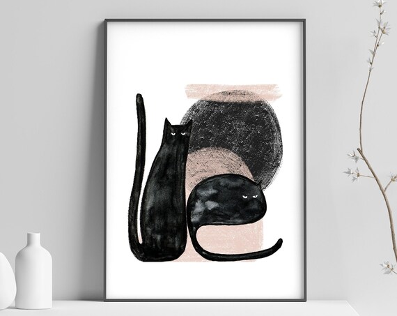 Two Black Cats Minimalist Ink Illustration Blush Pink Poster