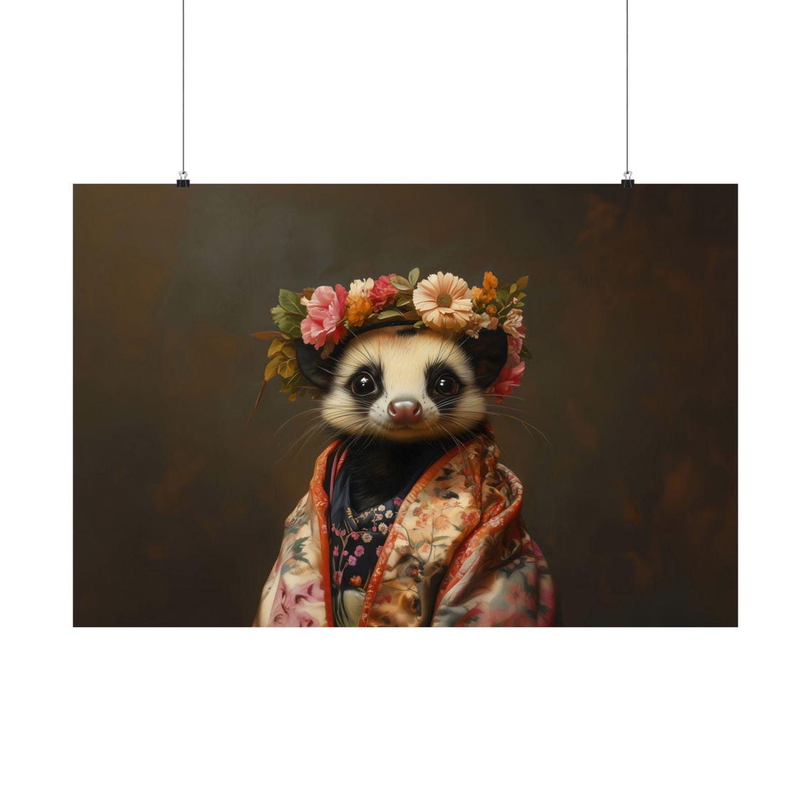 Gentle Opossum Bloom Crown Kimono Dark Botanical Animal Wall Art - Image 3