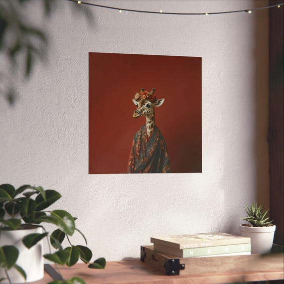 Maximalist Eclectic Fashionista Giraffe Poster Print Bold Altered Animal Portrait Fantasy Fun Colorful Flowery Vintage Floral Art
