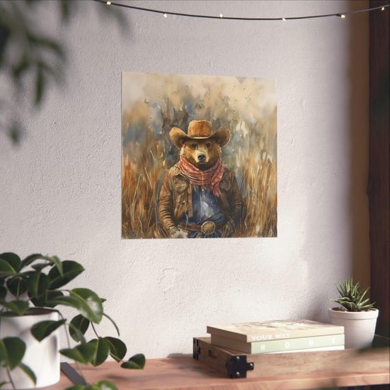 Cowboy Bear Maximalist Eclectic Western Poster Print Bold Altered Party Animal Portrait Fantasy Colorful Renaissance Rustic