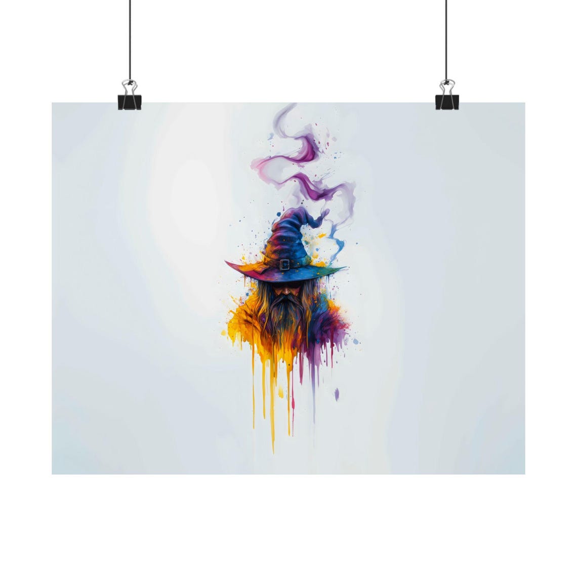 Bearded Wizard in Crooked Hat Watercolor Magic Fantasy Poster