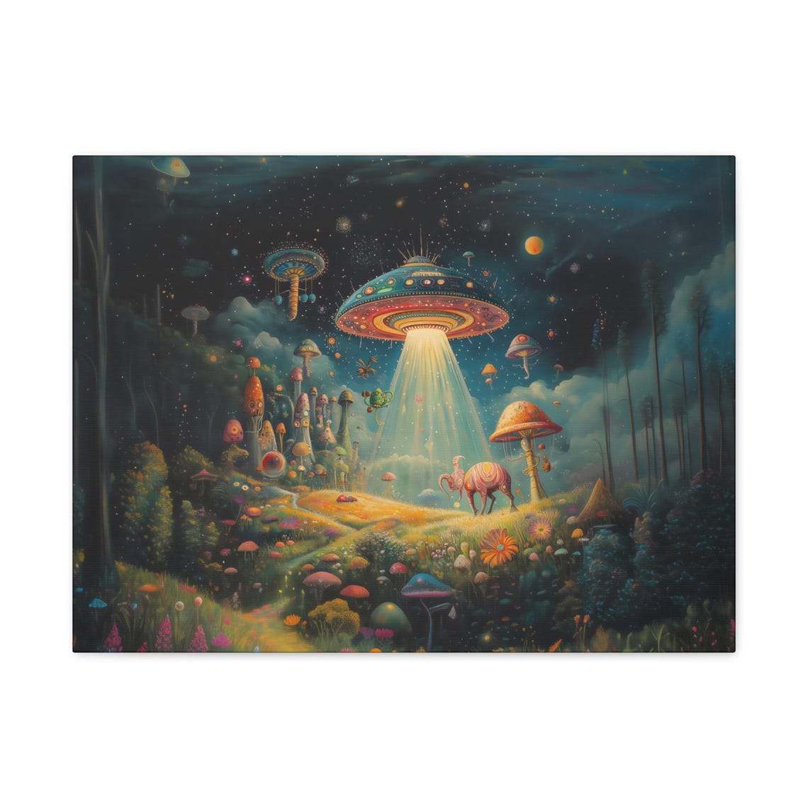 UFOs Over Starry Mushroom Village With Alien Creature Poster - Image 3
