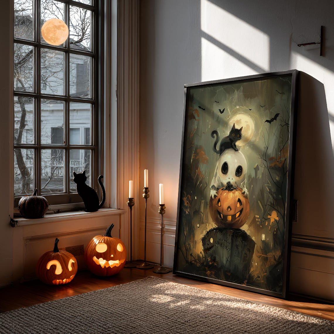 Halloween Cute Ghost With Black Cat And Pumpkin Spooky Night Poster