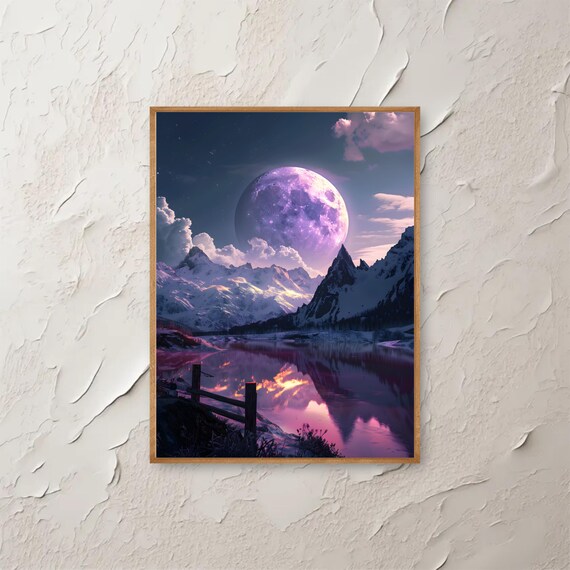 Fantasy Moon Landscape Wall Art Surreal Mountain And Lake Print Purple Night Sky Poster Mystical Nature Dreamy Decor