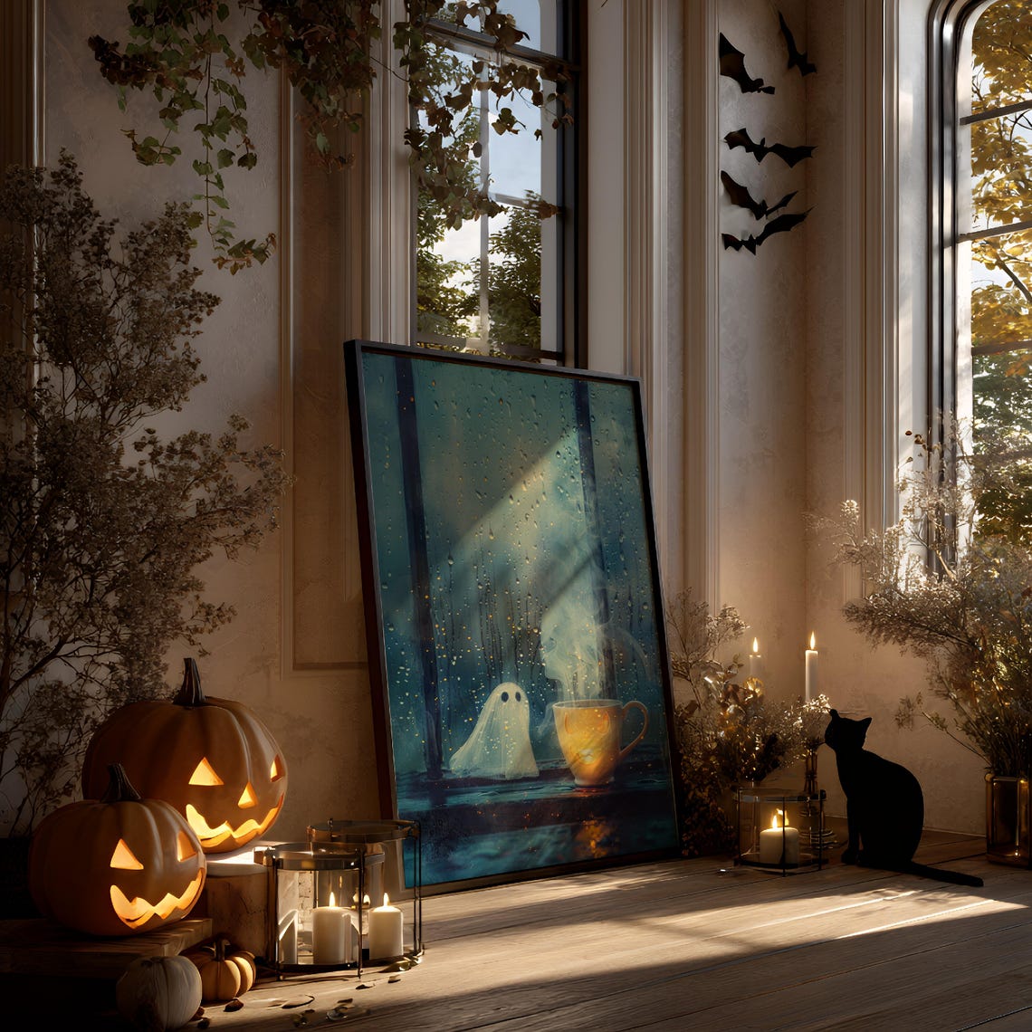 Cozy Ghost Pumpkin Mug Rainy Window Whimsical Halloween Poster