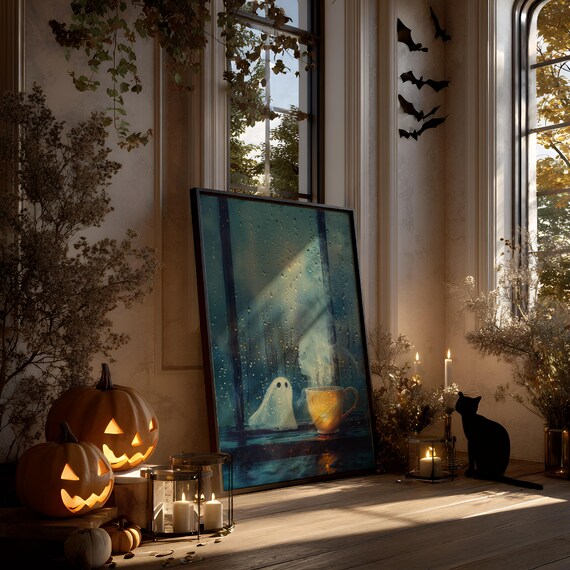 Cozy Halloween And Pumpkin Mug By Rainy Window Art Print Whimsical Autumn Home Decor Cute Spooky Season Wall Gift