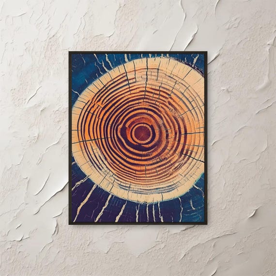 Circular Tree Rings Abstract Wall Art Natural Wood Grain Texture Print Rustic Blue Orange Home Decor Modern Nature Photography Artwork