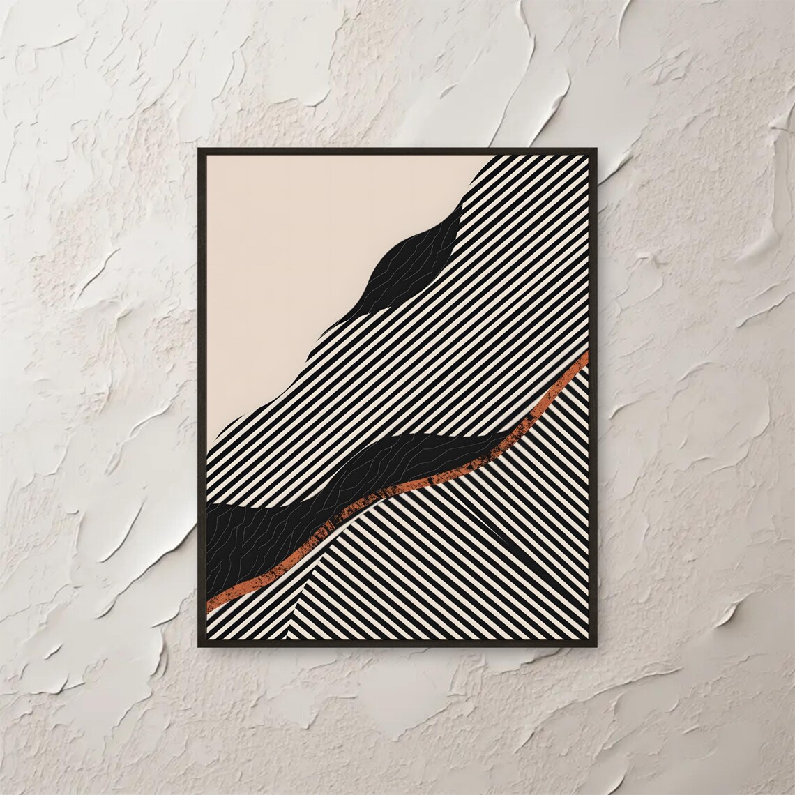 Modern Abstract Line Wall Art Wavy Black Beige Stripe Poster Minimalist Artwork Neutral Geometric Design Contemporary Decor