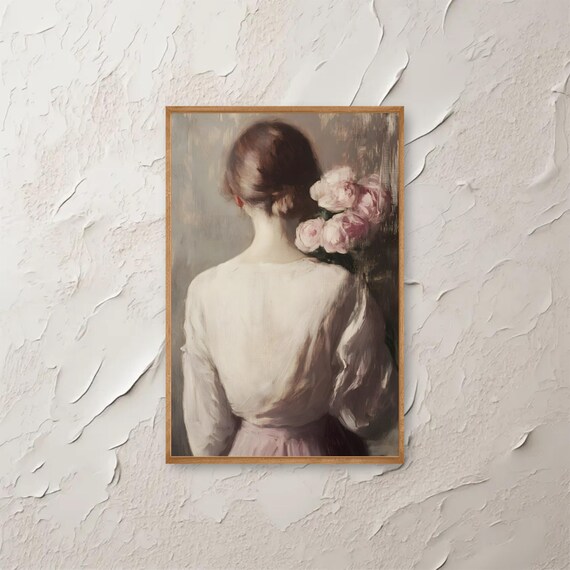 Woman Holding Pink Flowers Vintage Floral Portrait Painting Poster