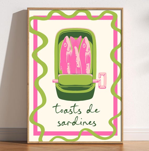 Fun Sardines Kitchen Print Cute Trendy Poster Whimsical Foodie Dining Room Cafe Seafood Colourful Retro Decor