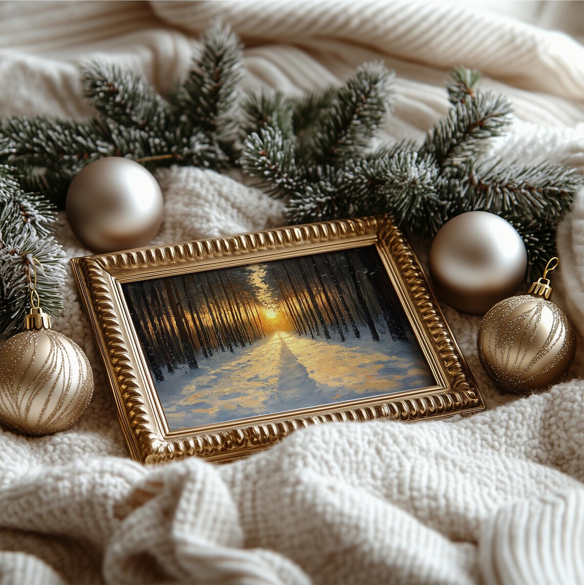 Winter Forest Avenue Golden Sunset Snowy Path Moody Oil Painting Poster - Image 4