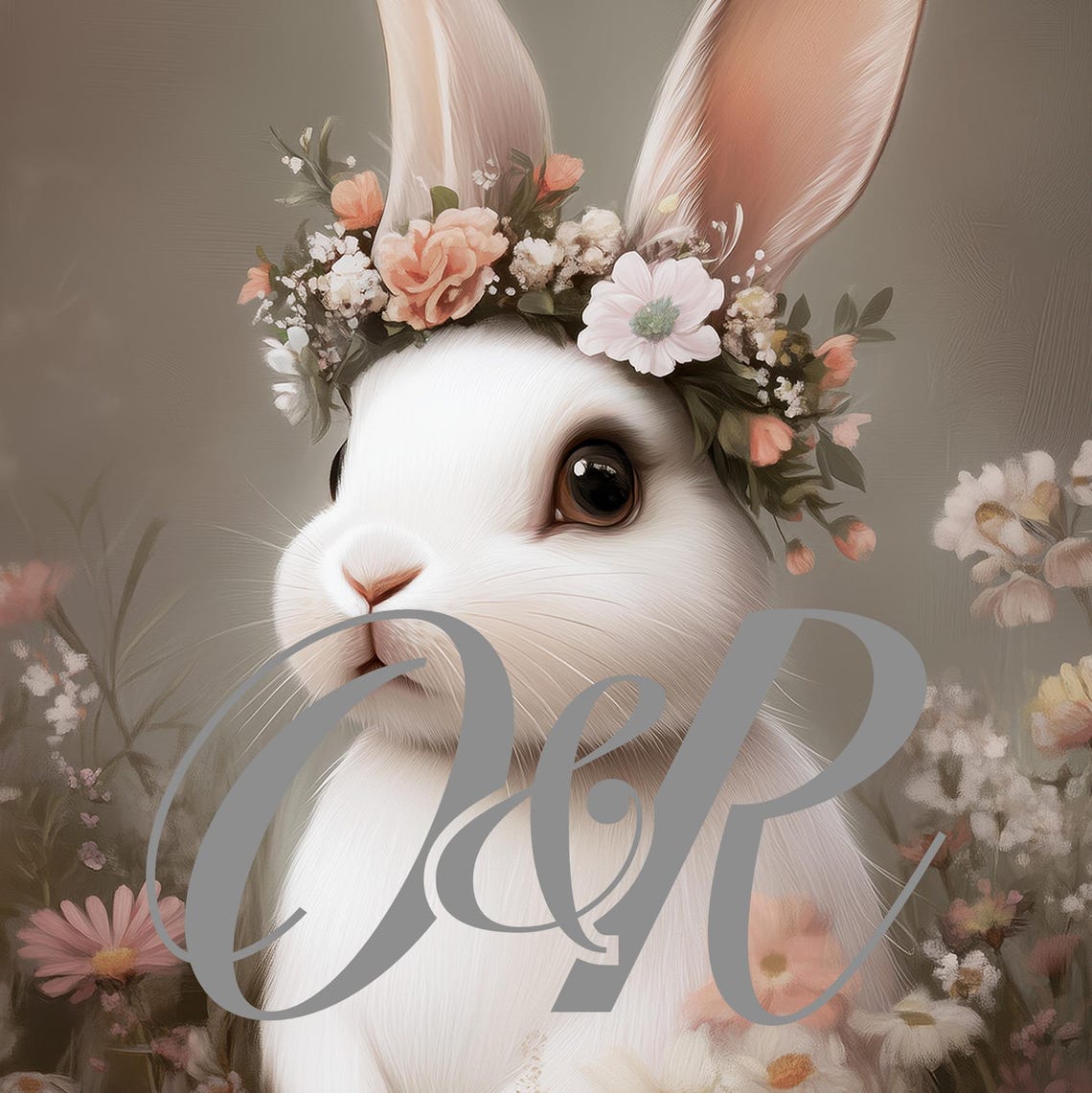 Vintage Cute Easter Bunny Print Floral White Rabbit Painting Wall Art Spring Botanical Nursery Decor Flower Prints - Image 5