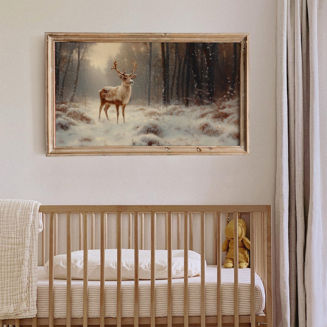 Vintage Reindeer In Snow Frame Tv Art Deer Oil Painting Winter Frame Tv Art Country Farmhouse Screensaver Woodland Animal - Image 2