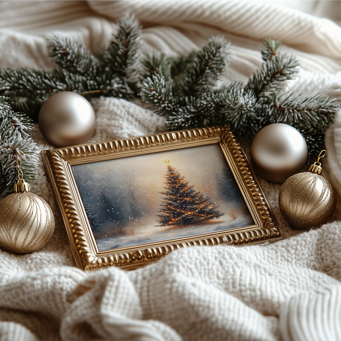 Lit Christmas Tree In Snowy Forest Vintage Holiday Painting Art Poster - Image 4