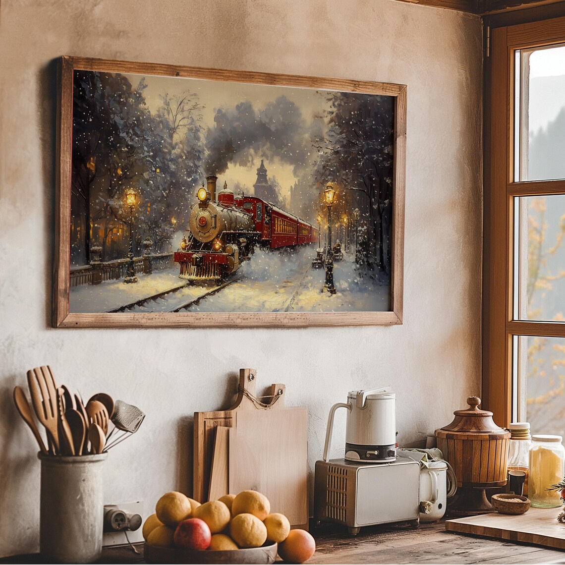 Christmas Express Steam Train Snowy Night Station Vintage Art Poster - Image 3