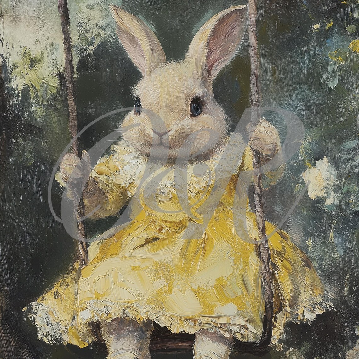 Bunny in Yellow Floral Dress on Tree Swing Moody Forest Wall Art - Image 5