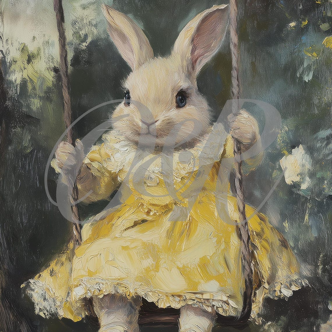 Vintage Easter Bunny On A Swing Print Cute Spring Rabbit Painting Wall Art Bunny In Yellow Dress Prints Easter Decor - Image 5