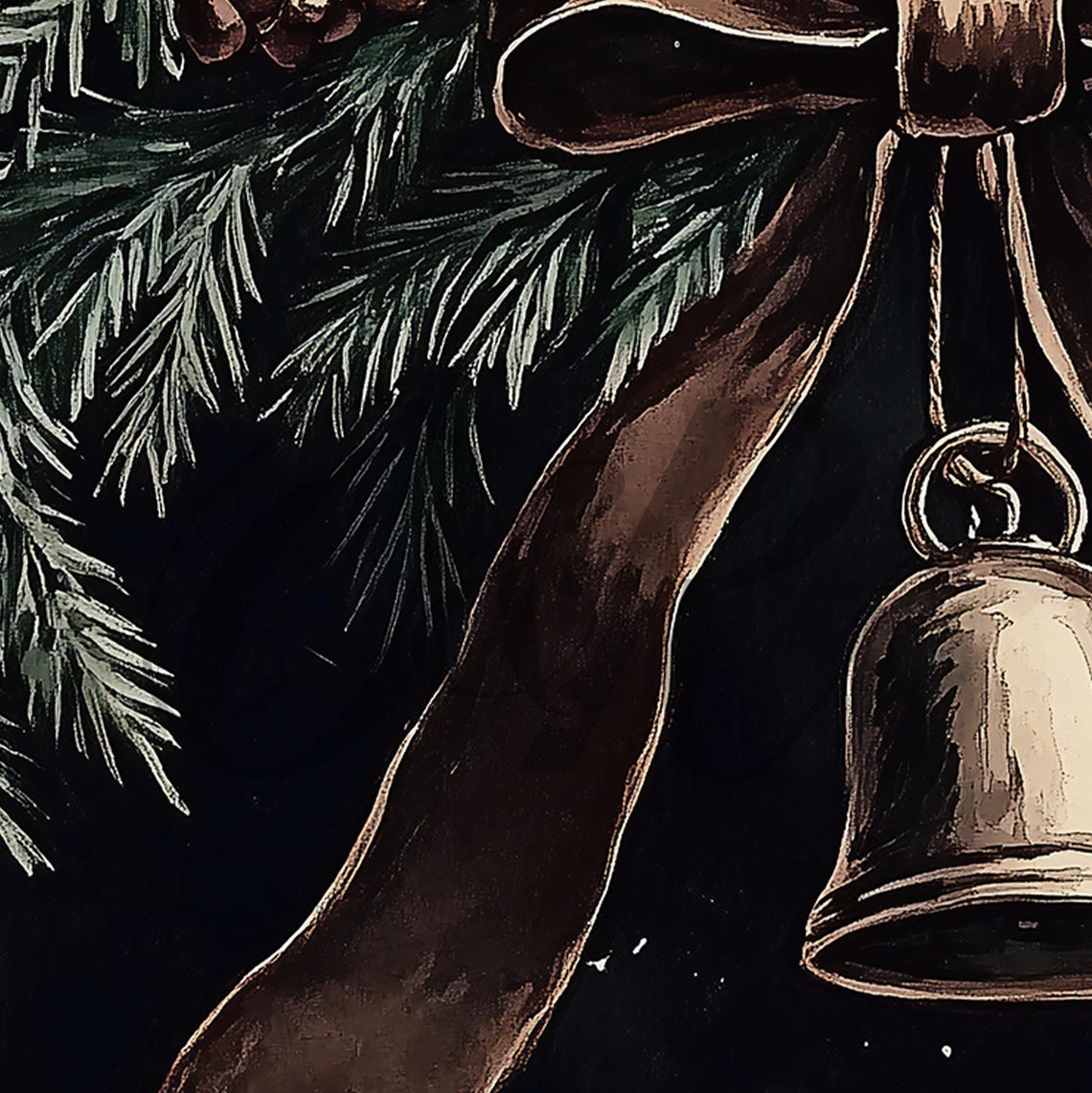 Moody Bronze Christmas Bell Evergreen Branch Bow Vintage Dark Poster - Image 5