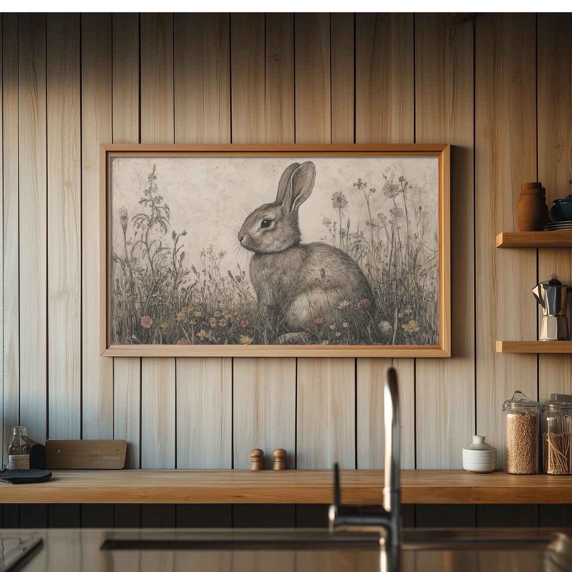 Sitting Rabbit In Wildflower Meadow Sepia Ink Etching Style Vintage Poster - Image 2