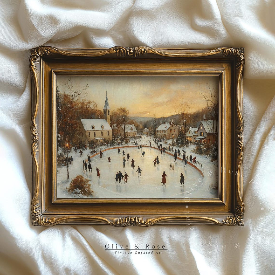 Vintage Christmas Village Print Winter Holiday Decor Hockey Players Snowy Landscape Painting Winter Cityscape Prints