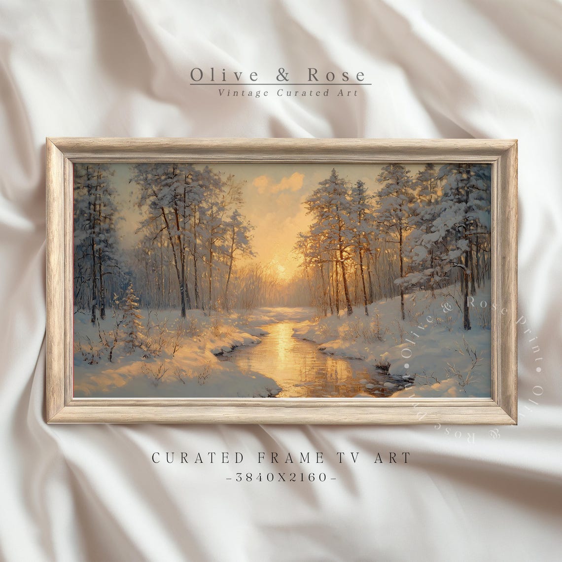 Snowy Forest Stream Golden Sunset Winter Landscape Frame TV Art Poster