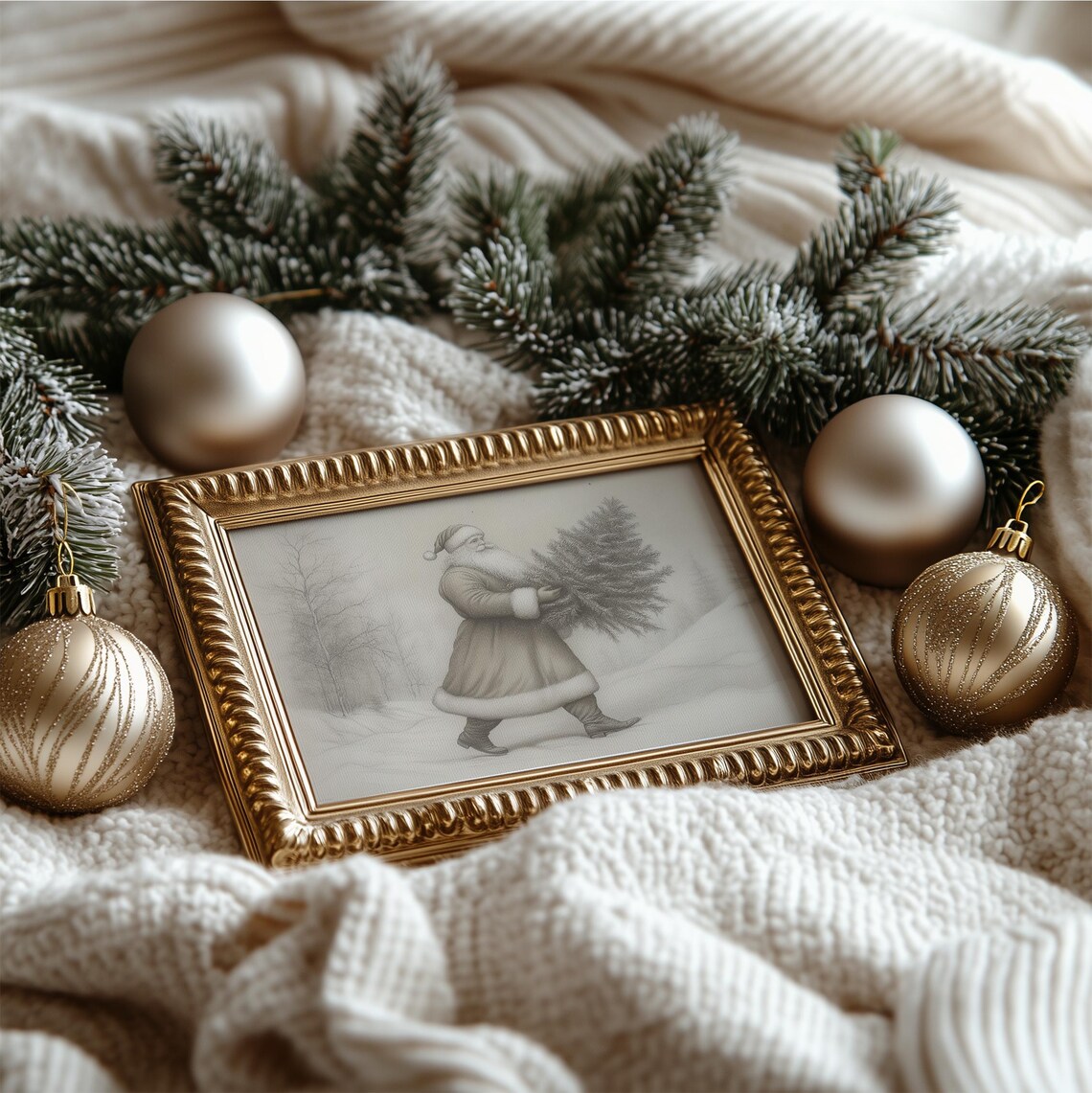 Neutral Santa Carrying Christmas Tree Snowy Sketch Vintage Art Poster - Image 4