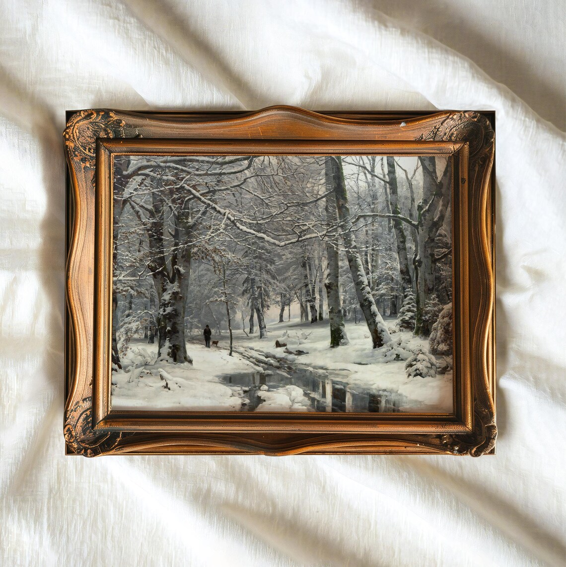 Vintage Snowy Forest Path Stream Winter Walk Landscape Painting Poster - Image 3