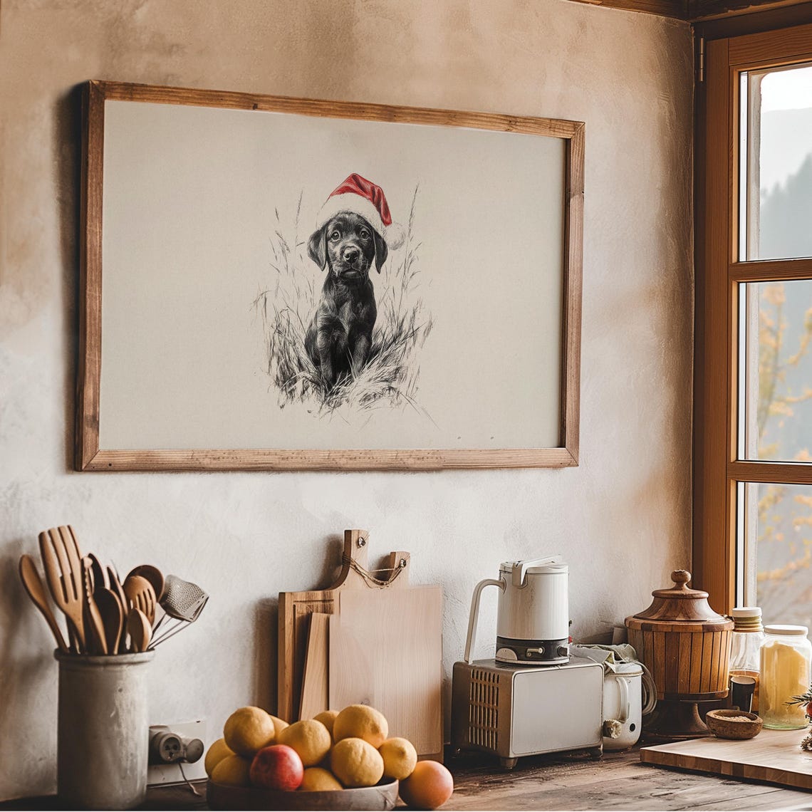Black Puppy In Santa Hat Sketch Frame Tv Art Nursery Christmas Decor Cute Baby Dog Drawing Tv Art Vintage Animal Xmas Screensaver - Image 2