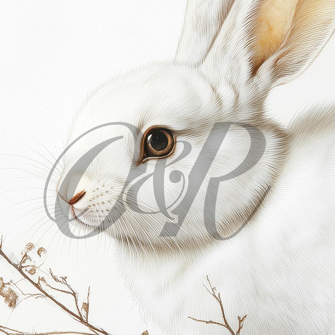 White Bunny Among Bare Winter Branches Minimal Neutral Wall Art - Image 5
