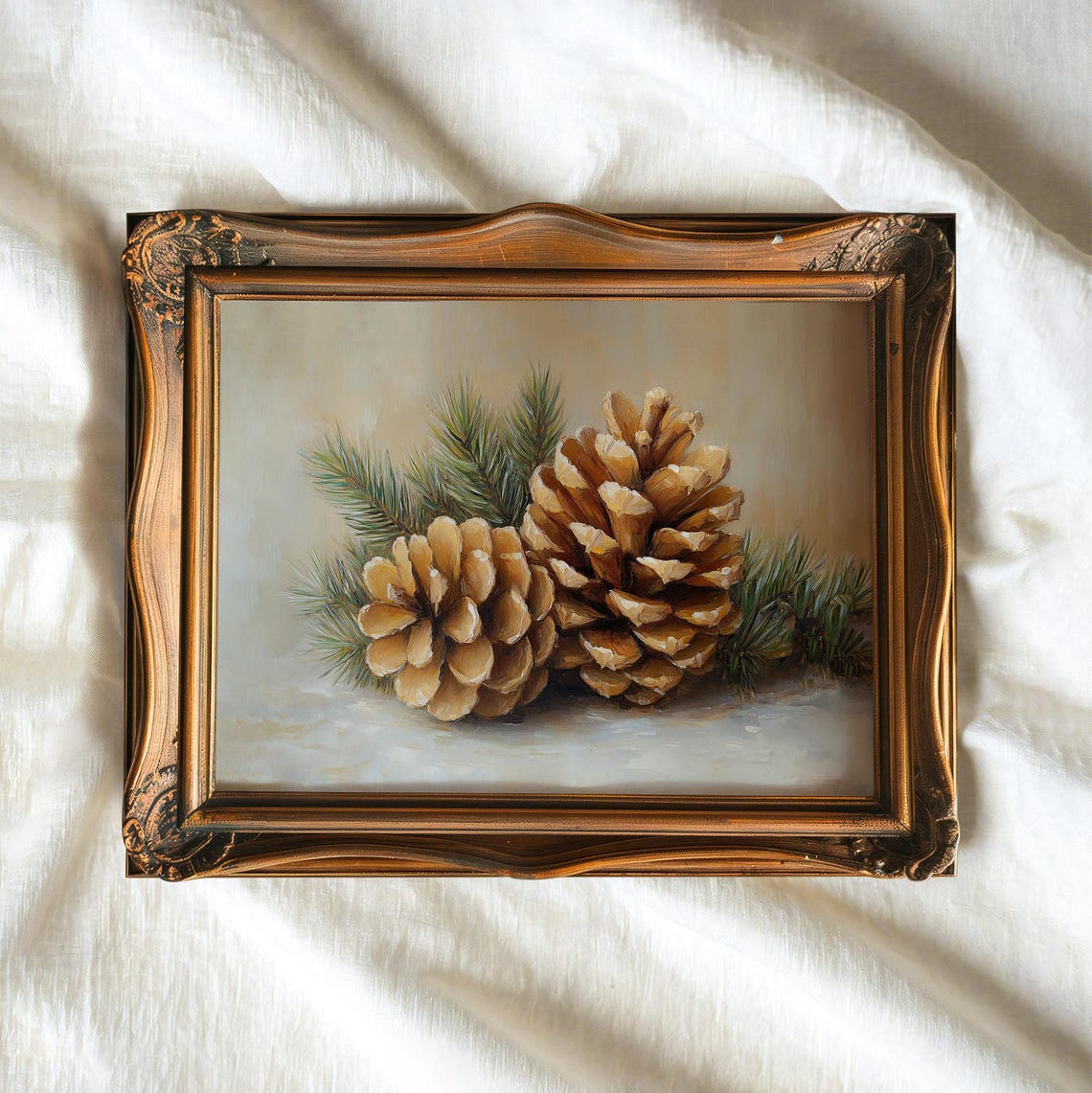 Two Golden Pinecones With Evergreen Boughs Winter Holiday Art Poster - Image 3
