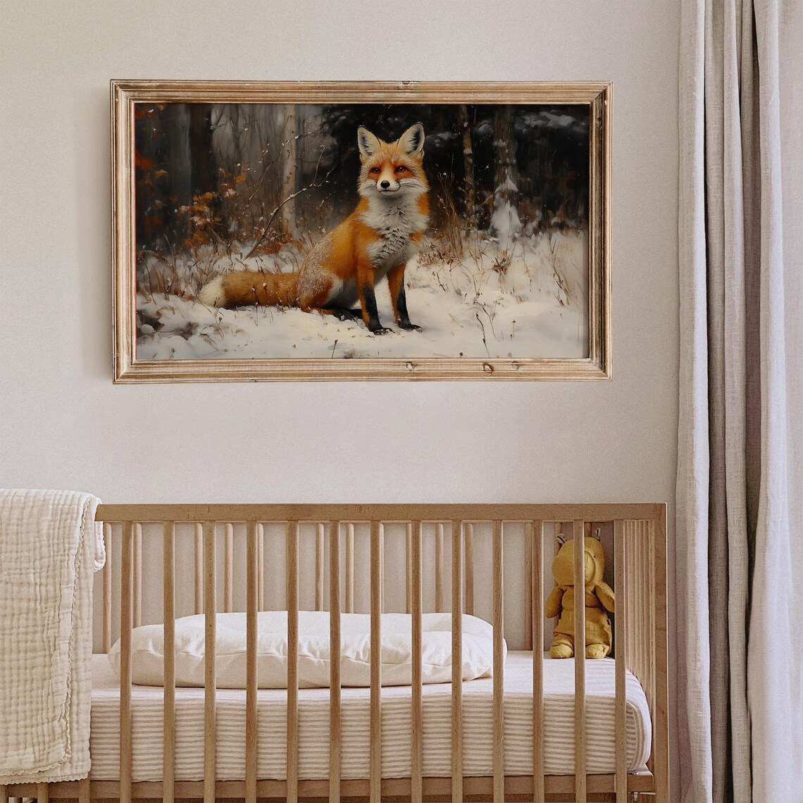 Red Fox Sitting In Snowy Winter Forest Vintage Oil Painting Wildlife Wall Art - Image 2