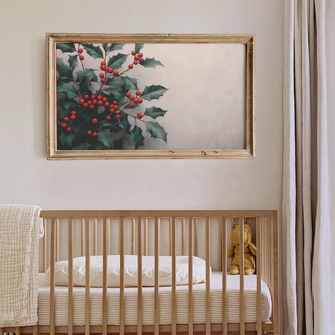 Holly Branch With Red Berries Vintage Painting Christmas Art Wall Art - Image 3