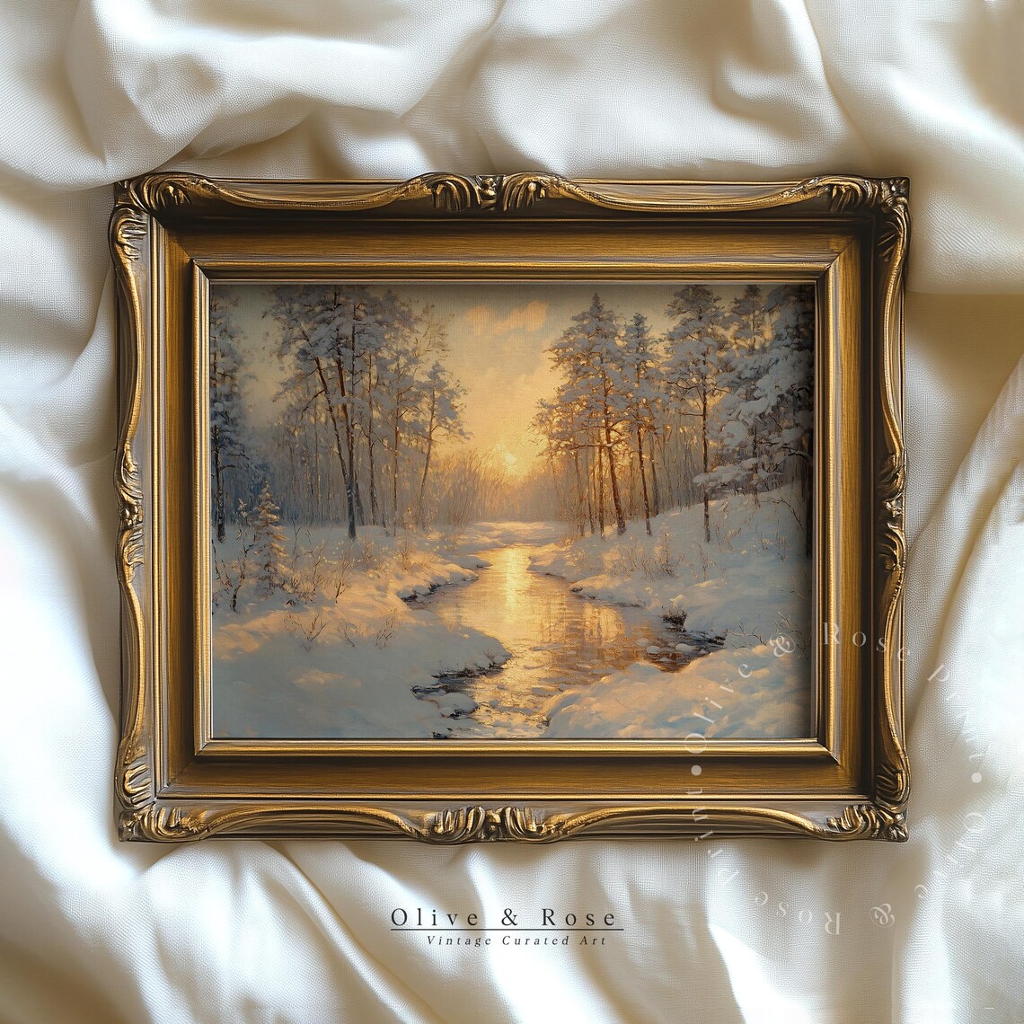 Golden Sunrise Frozen River Snowy Pine Forest Winter Landscape Poster