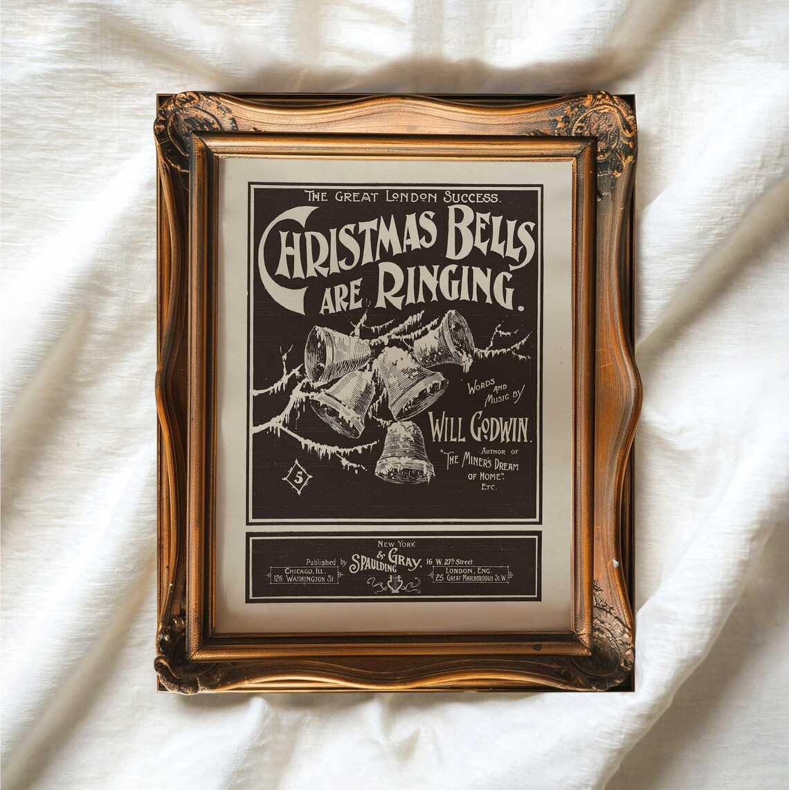 Christmas Bells Are Ringing Antique Sheet Music Cover Black Art Poster - Image 2