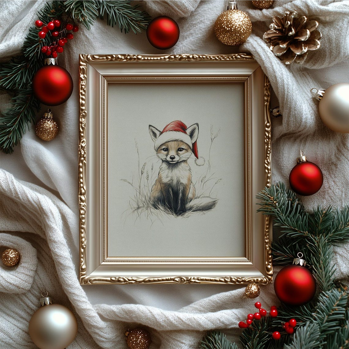 Cute Baby Fox With Santa Hat Sketch Neutral Christmas Nursery Wall Decor Vintage Winter Wall Art Fox Drawing Prints - Image 4