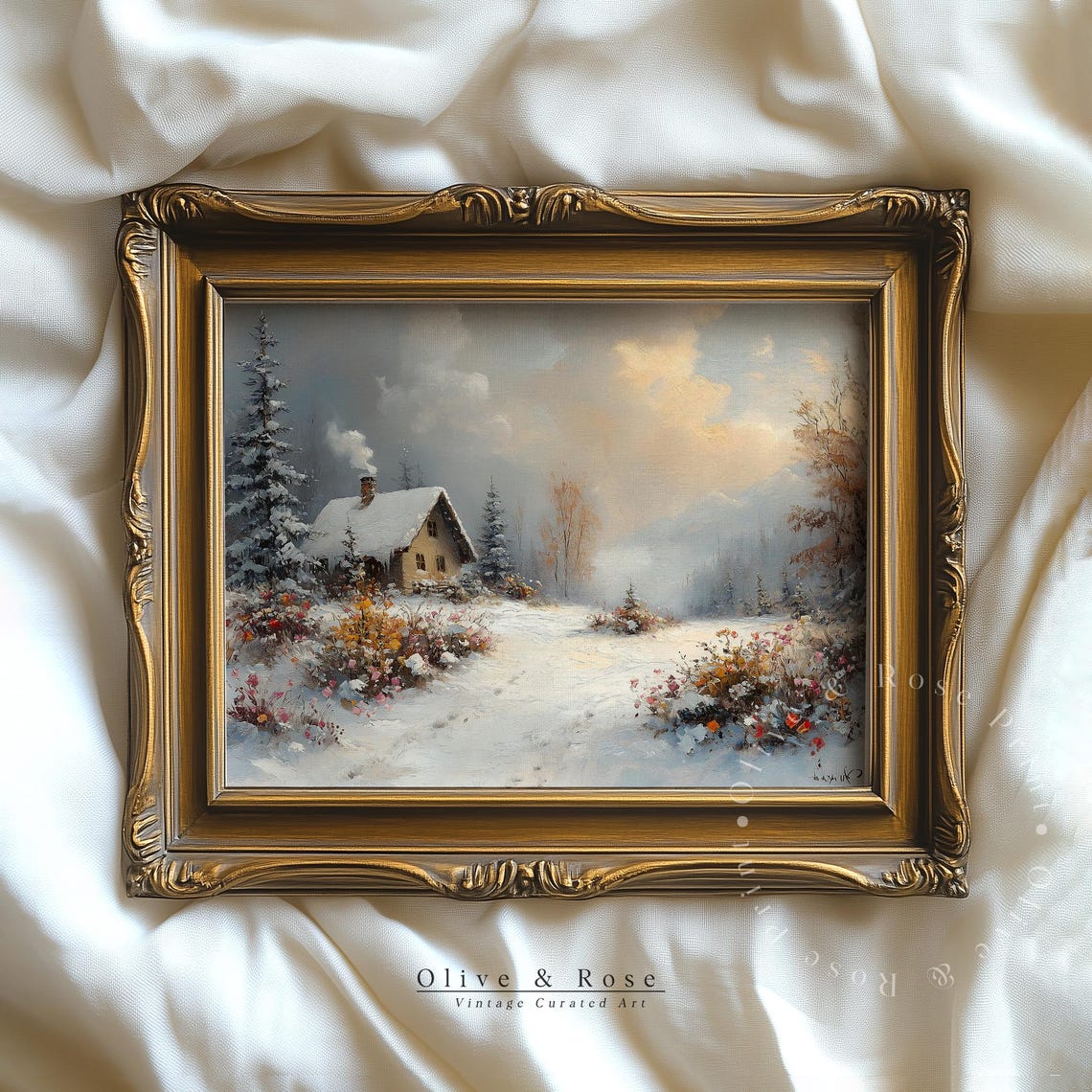 Vintage Snowy Cottage Wildflower Meadow Winter Landscape Art Poster