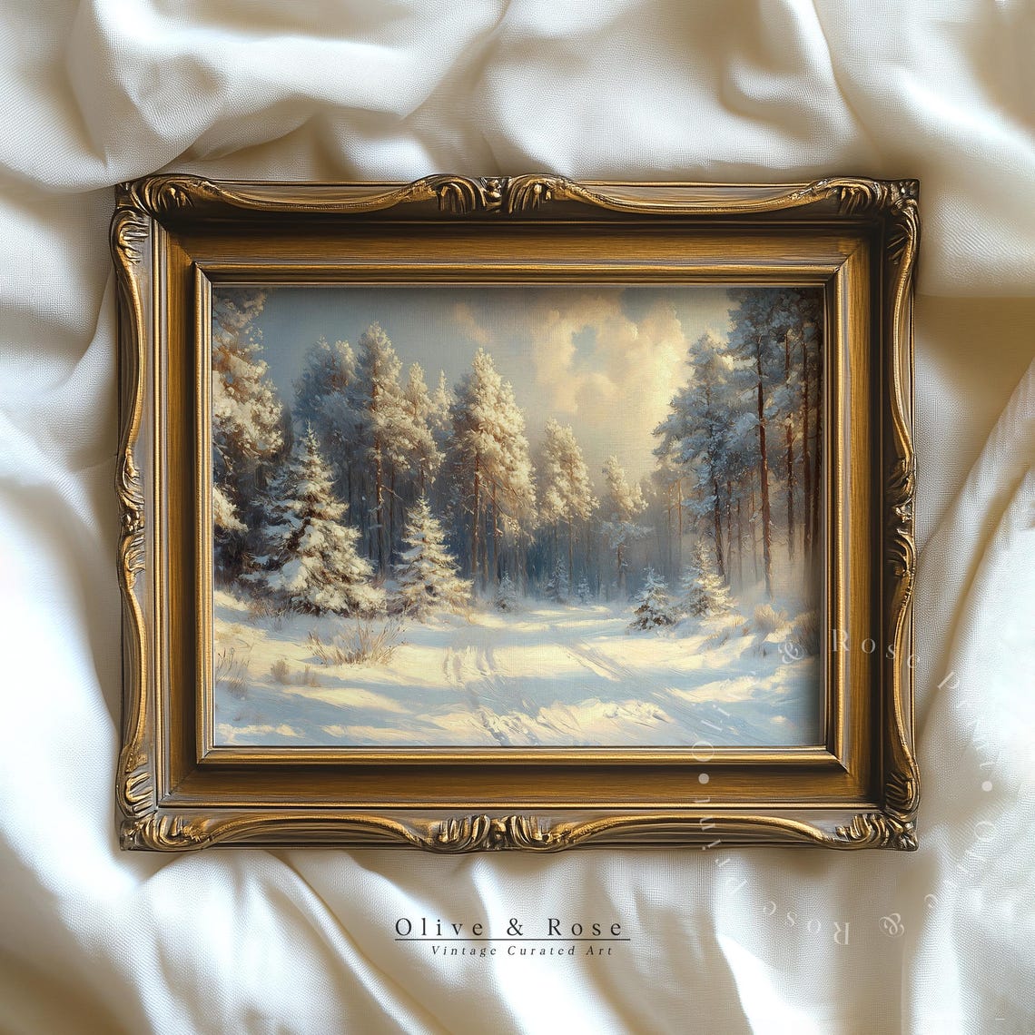 Sunlit Snowy Pine Forest Clearing Golden Light Winter Landscape Poster