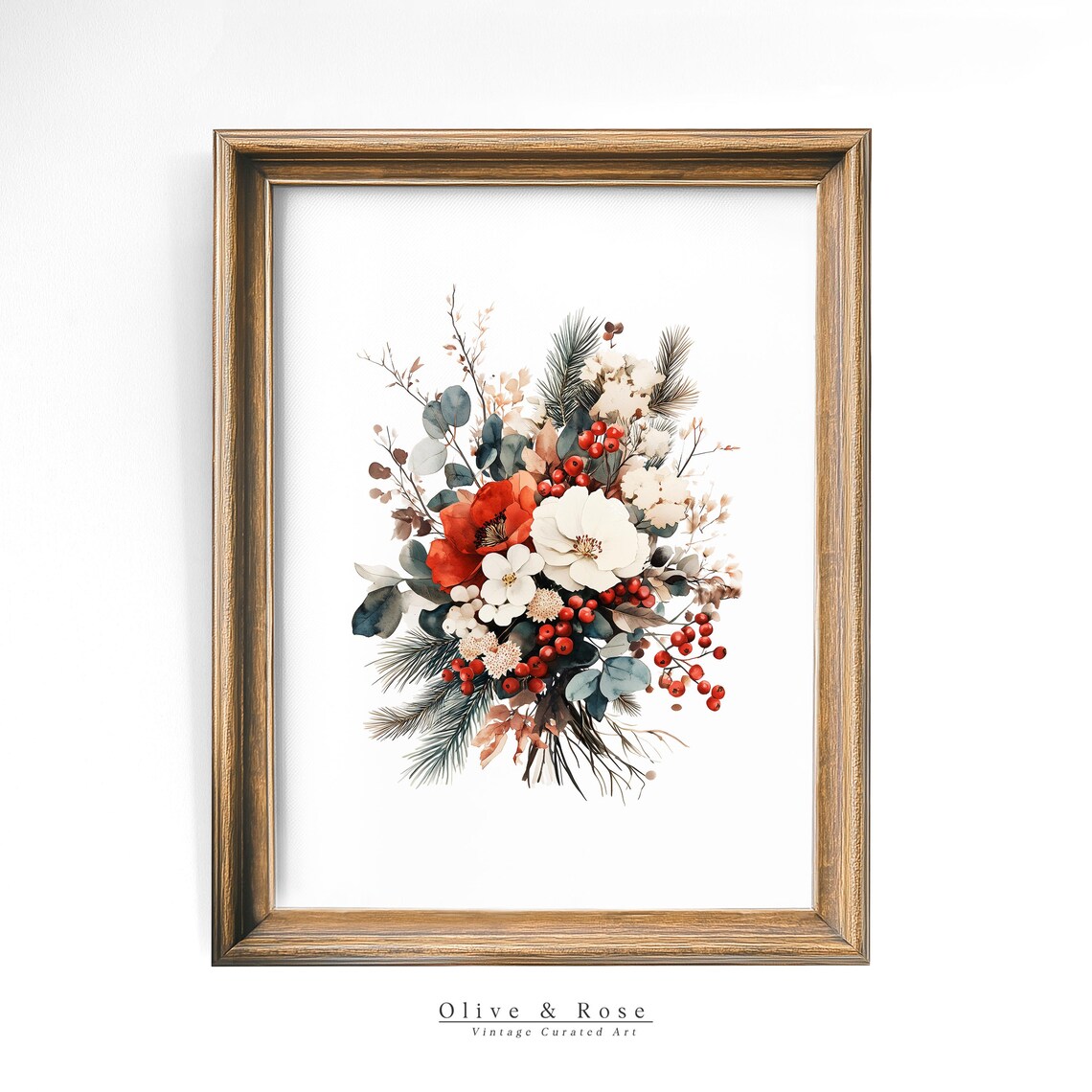 Vintage Winter Floral Bouquet Red Berries Eucalyptus Holiday Wall Art