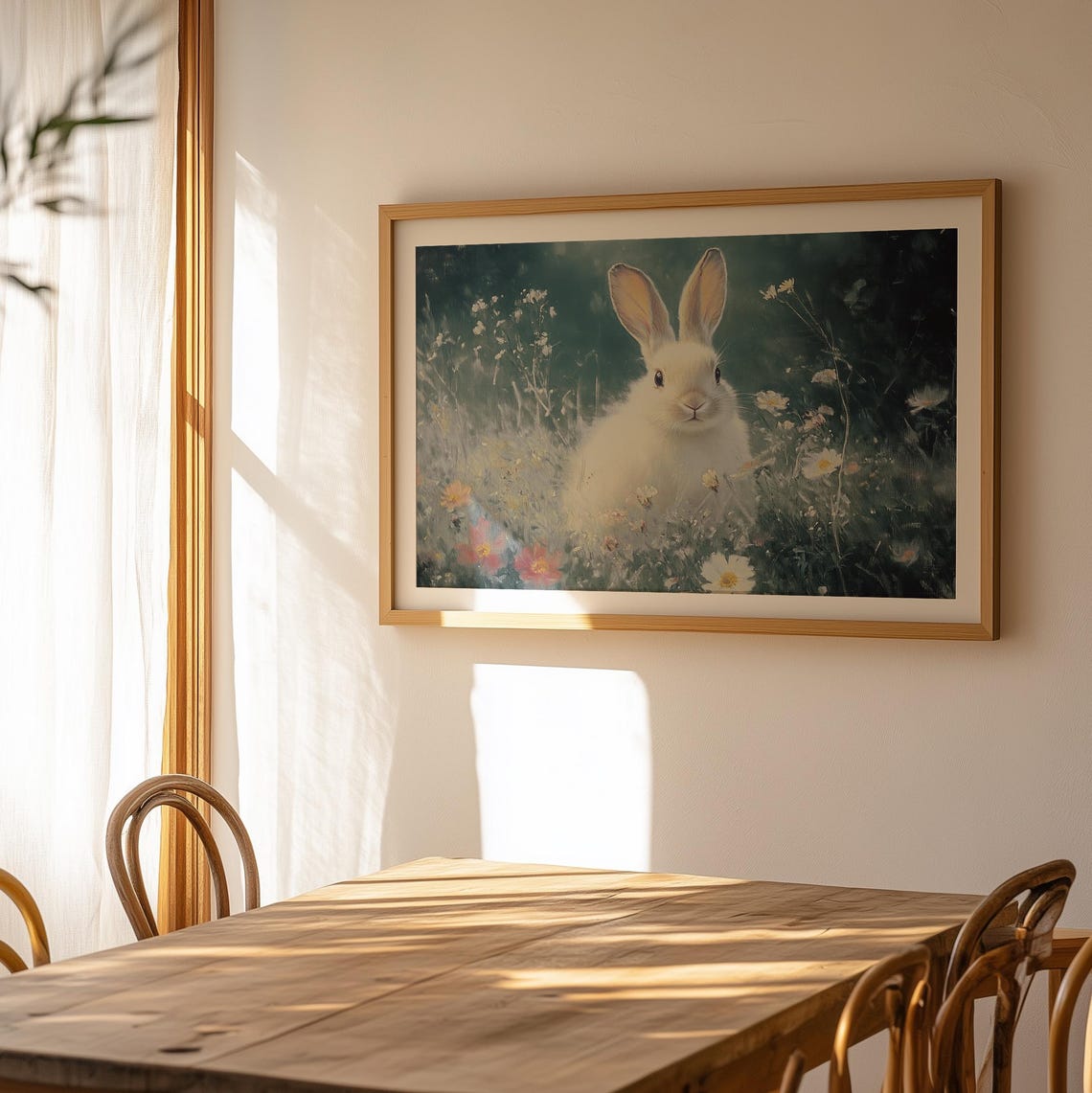 Vintage Easter Bunny In Wildflower Meadow Print Cute Rabbit Painting Art Moody Neutral Spring Decor Sage Green Prints - Image 2