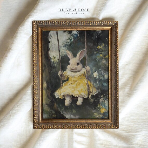 Bunny in Yellow Floral Dress on Tree Swing Moody Forest Wall Art