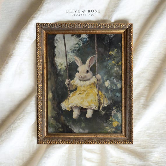 Vintage Easter Bunny On A Swing Print Cute Spring Rabbit Painting Wall Art Bunny In Yellow Dress Prints Easter Decor